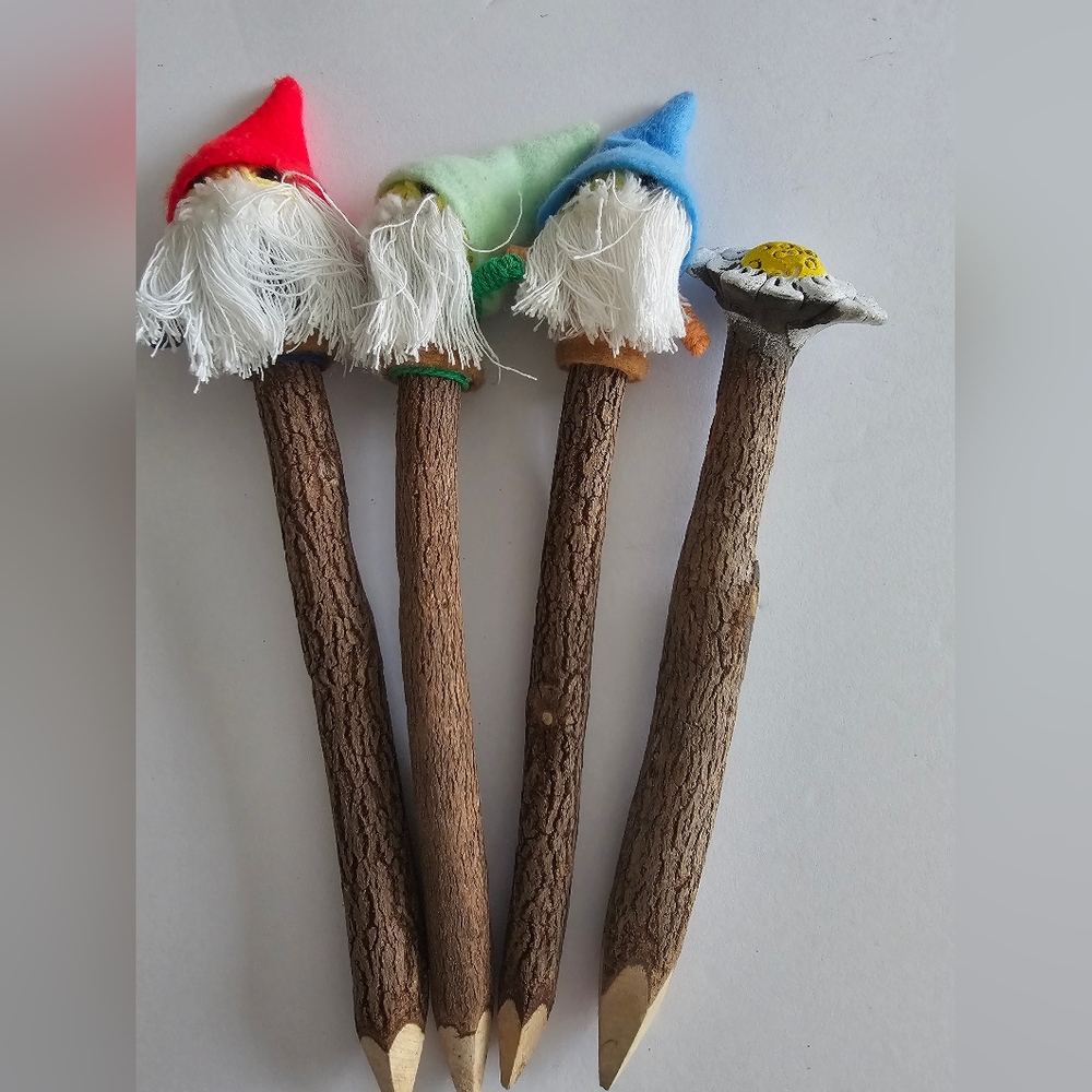 Set of 4 Hand-Carved Branch Twig Pencils – Gnome & Floral Toppers